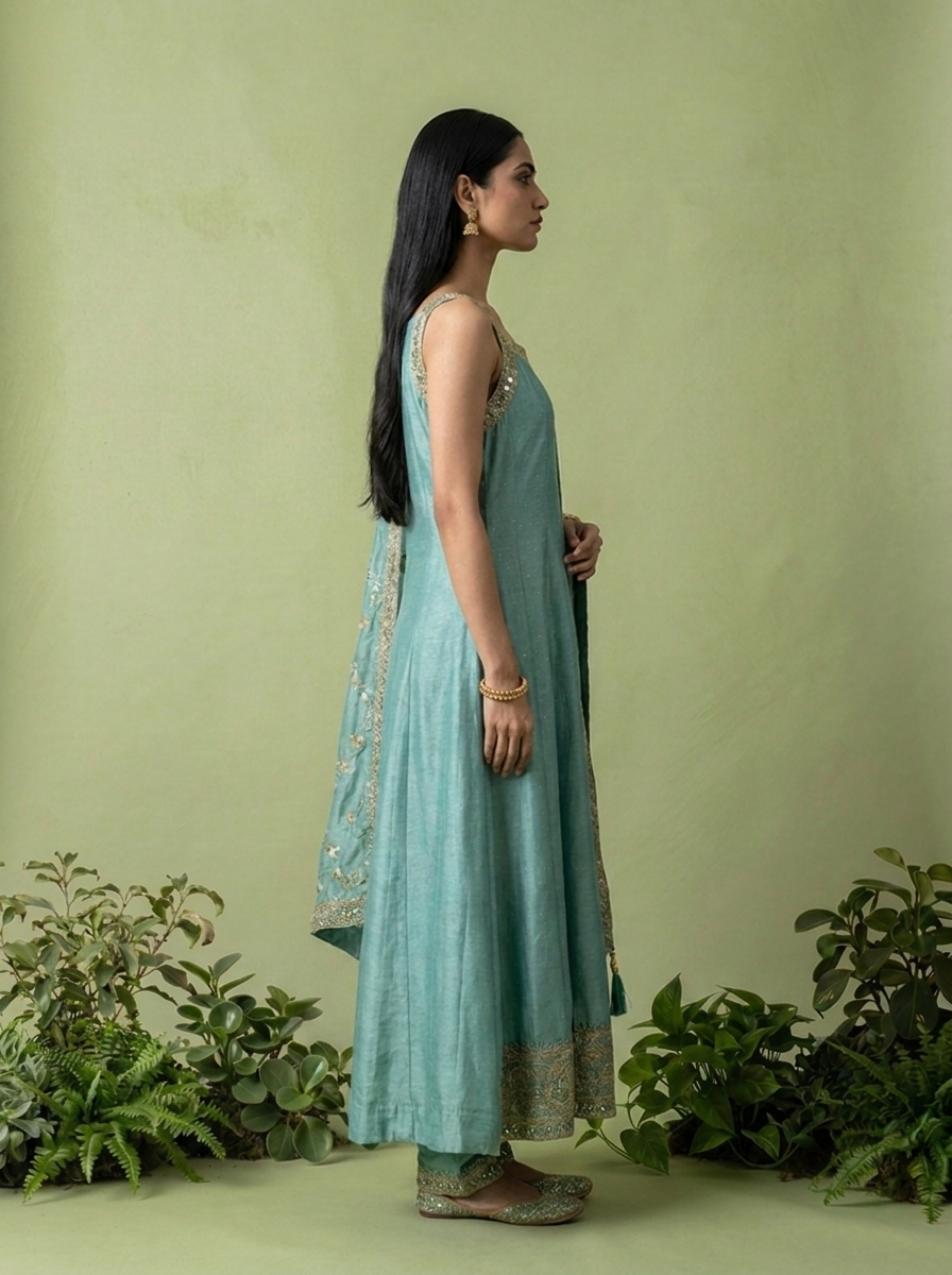 Sea Green Zari Paisley Design And Sequins Embroidery Silk Three Piece Set