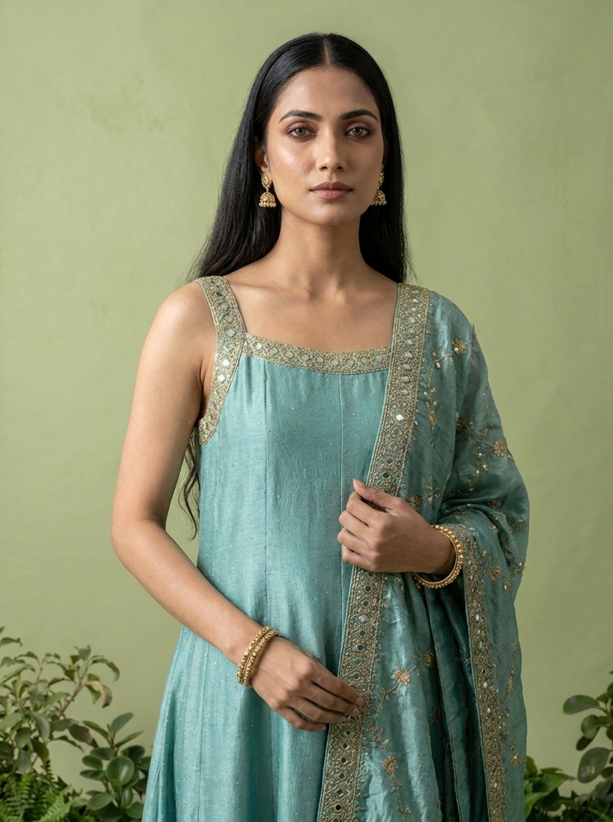Sea Green Zari Paisley Design And Sequins Embroidery Silk Three Piece Set