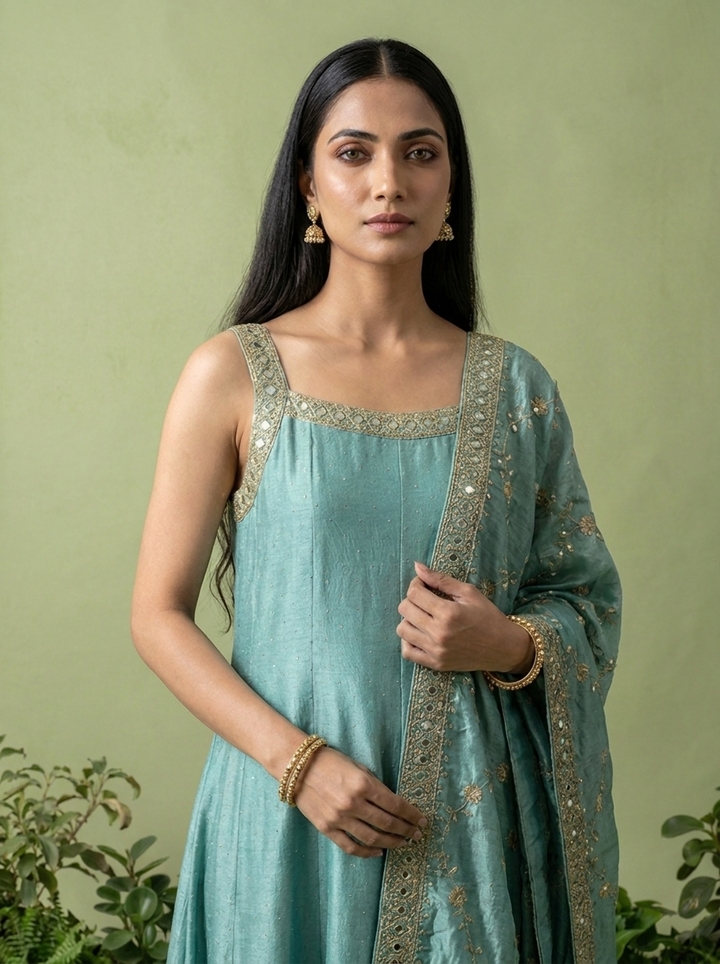 Sea Green Zari Paisley Design And Sequins Embroidery Silk Three Piece Set