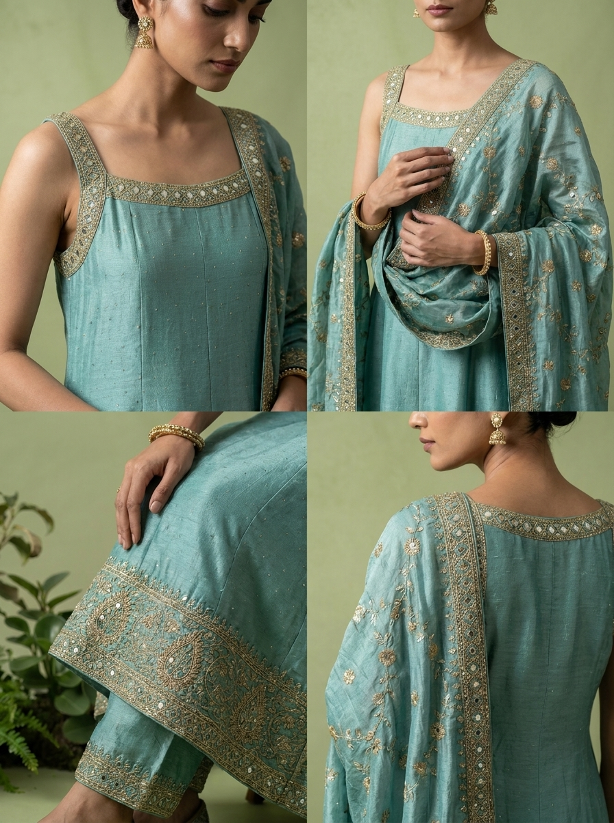 Sea Green Zari Paisley Design And Sequins Embroidery Silk Three Piece Set