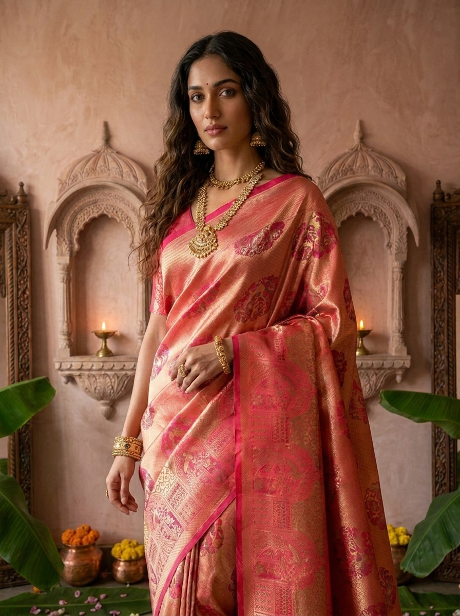 Rani Pink Banaras Silk Weaved Saree With Mor-Popat Patola Design