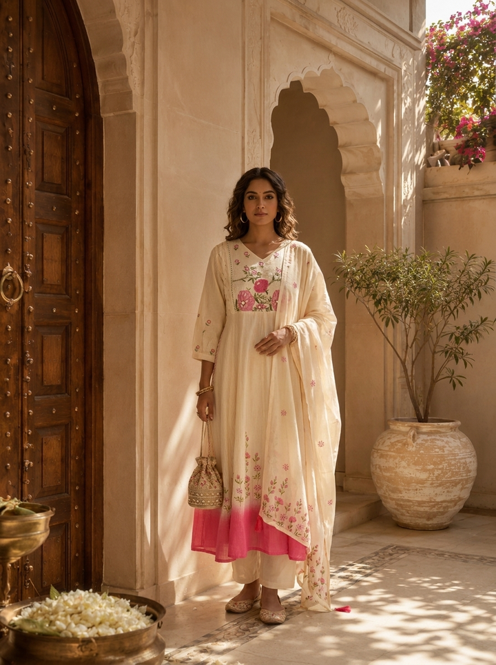 Pink And White Cotton Floral Hand Thread Embroidery Three Piece Set