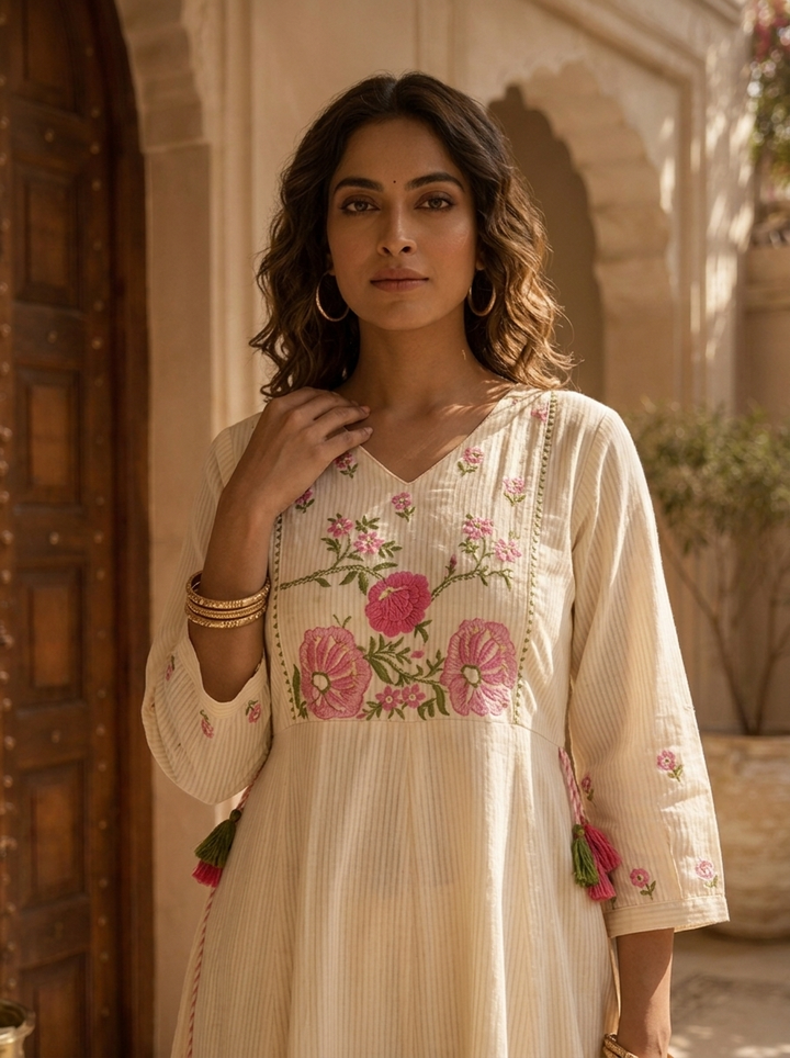 Pink And White Cotton Floral Hand Thread Embroidery Three Piece Set