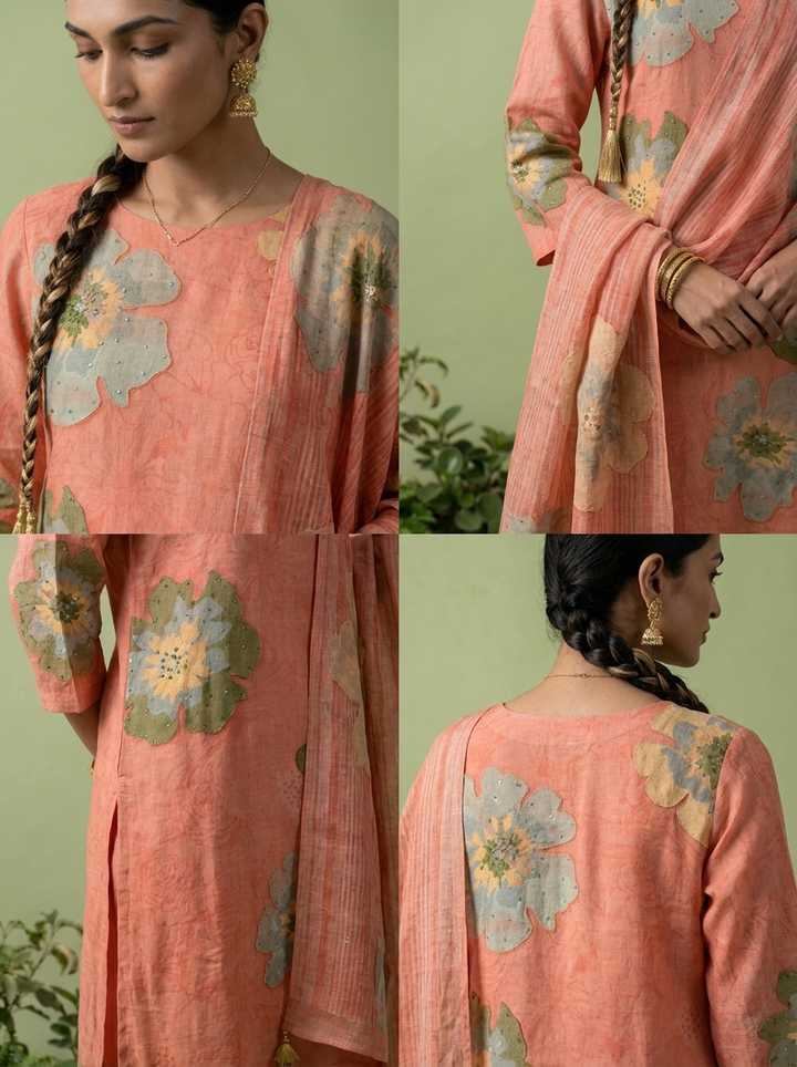 Coral Linen Floral Printed Three Piece Set