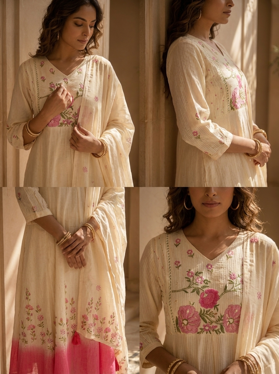 Pink And White Cotton Floral Hand Thread Embroidery Three Piece Set