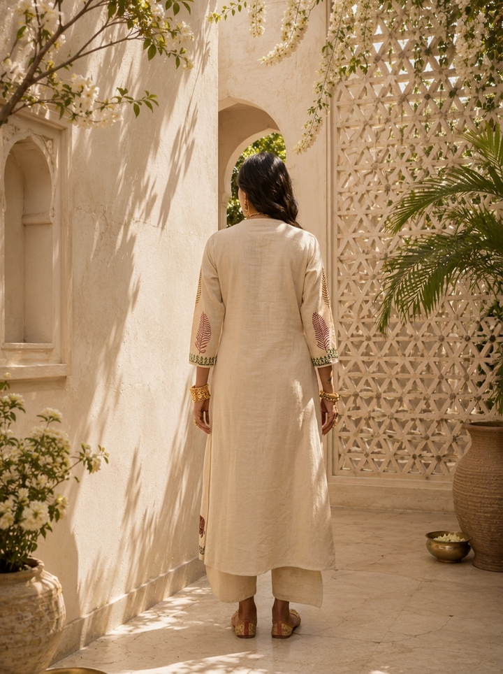 Cream And Wine Floral Thread Embroidery Cotton Two Piece Set