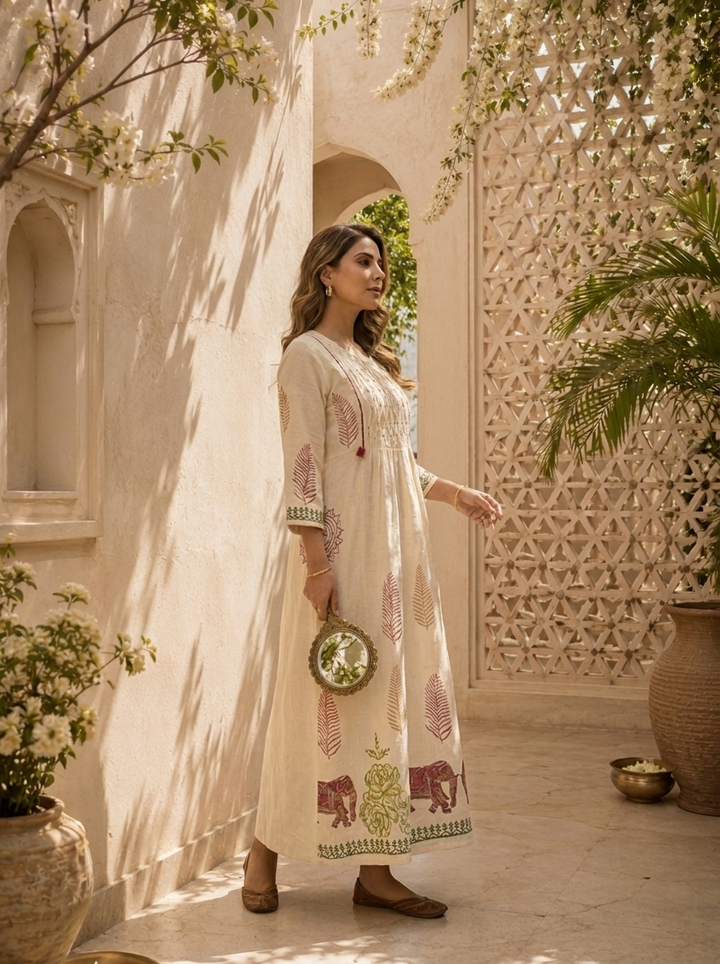 Cream And Wine Floral Thread Embroidery Cotton Two Piece Set