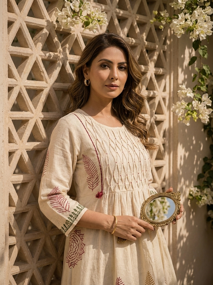 Cream And Wine Floral Thread Embroidery Cotton Two Piece Set