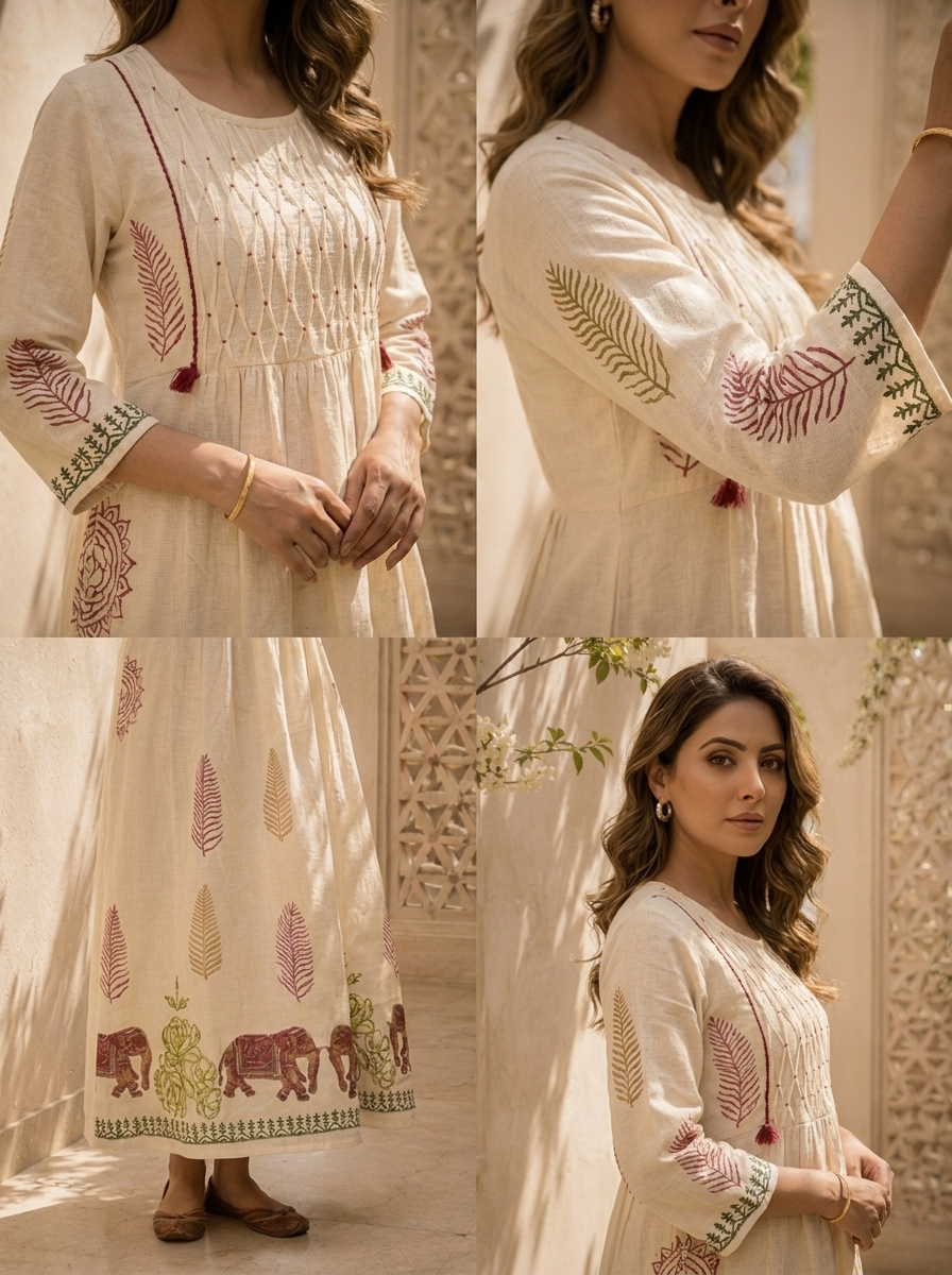 Cream And Wine Floral Thread Embroidery Cotton Two Piece Set