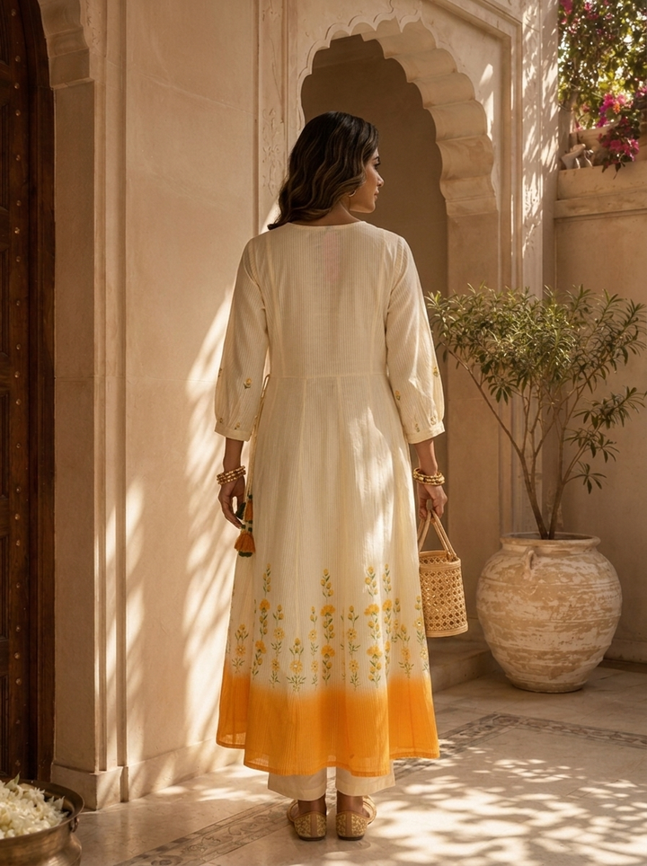 Mustard And White Cotton Floral Hand Thread Embroidery Three Piece Set