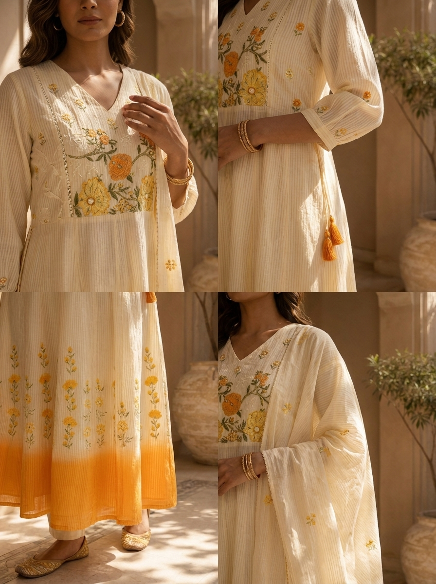 Mustard And White Cotton Floral Hand Thread Embroidery Three Piece Set