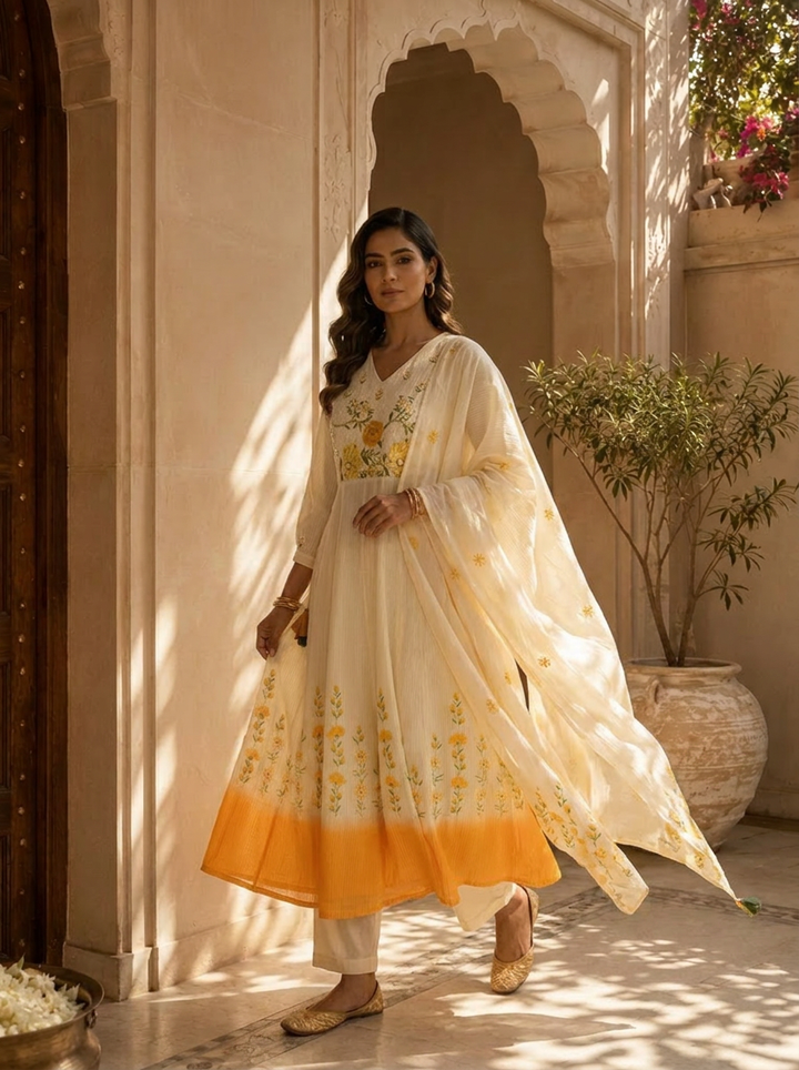 Mustard And White Cotton Floral Hand Thread Embroidery Three Piece Set