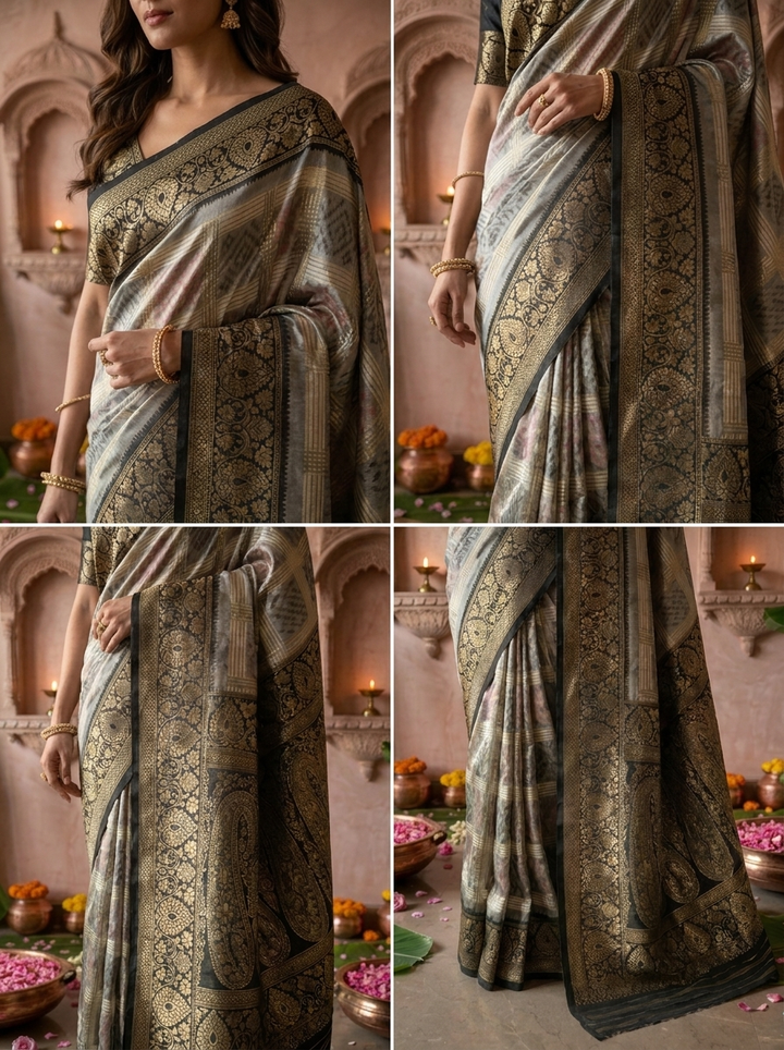 Grey Banaras Silk Geometric Ethnic Motif Printed Saree