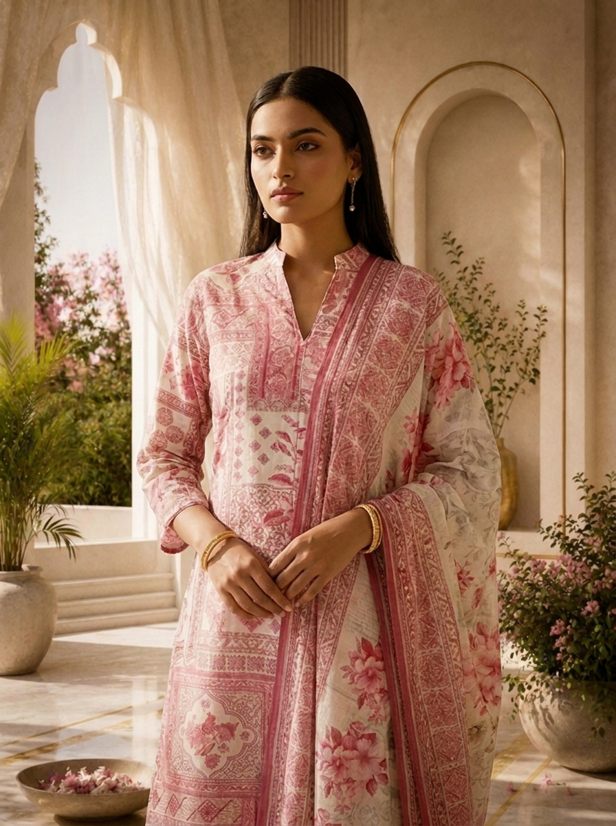 Pink Heavy Floral Printed Rayon Three Piece Set