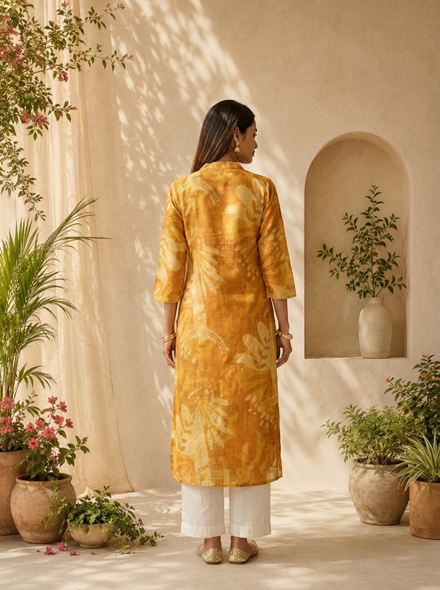Mustard Solid Design And Printed Silk Kurta