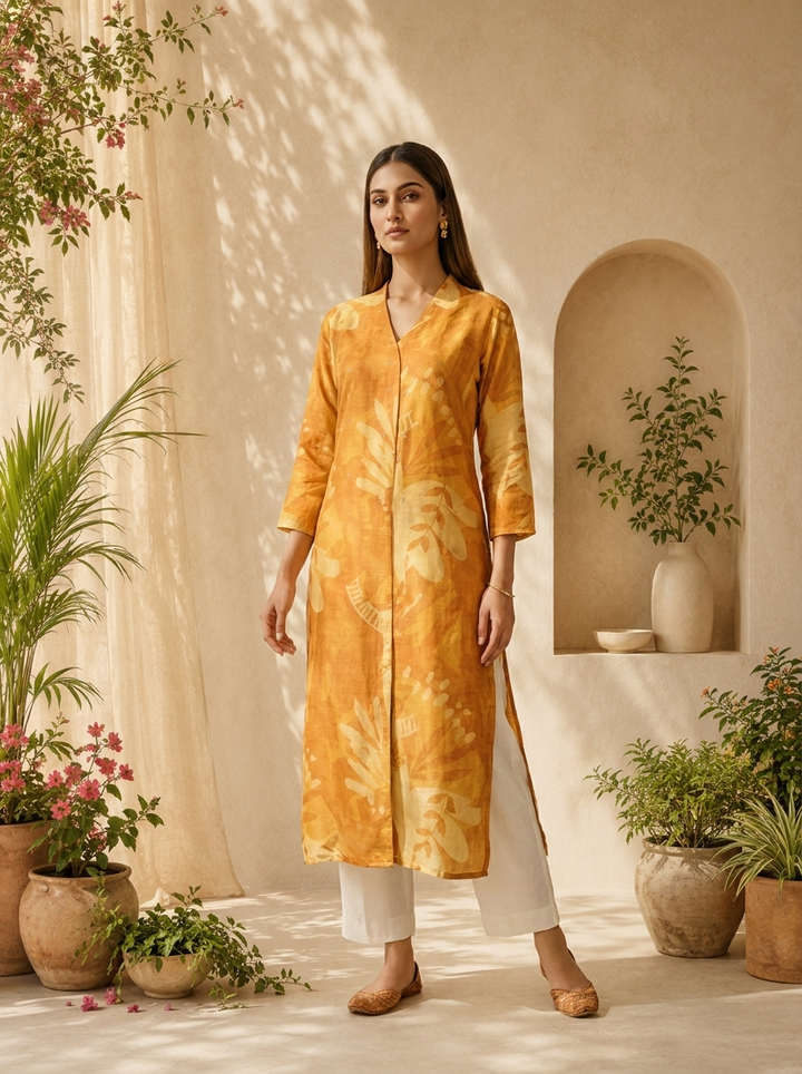 Mustard Solid Design And Printed Silk Kurta