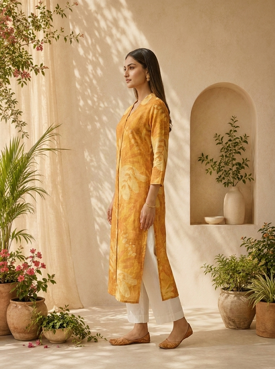 Mustard Solid Design And Printed Silk Kurta