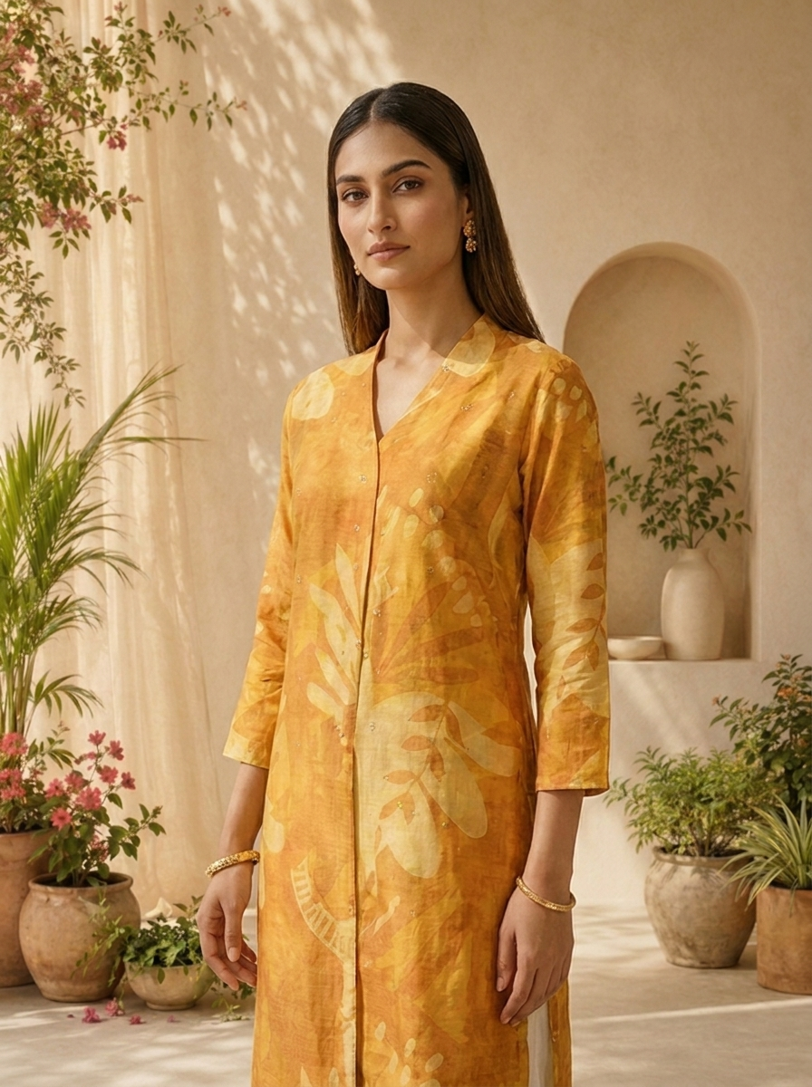 Mustard Solid Design And Printed Silk Kurta