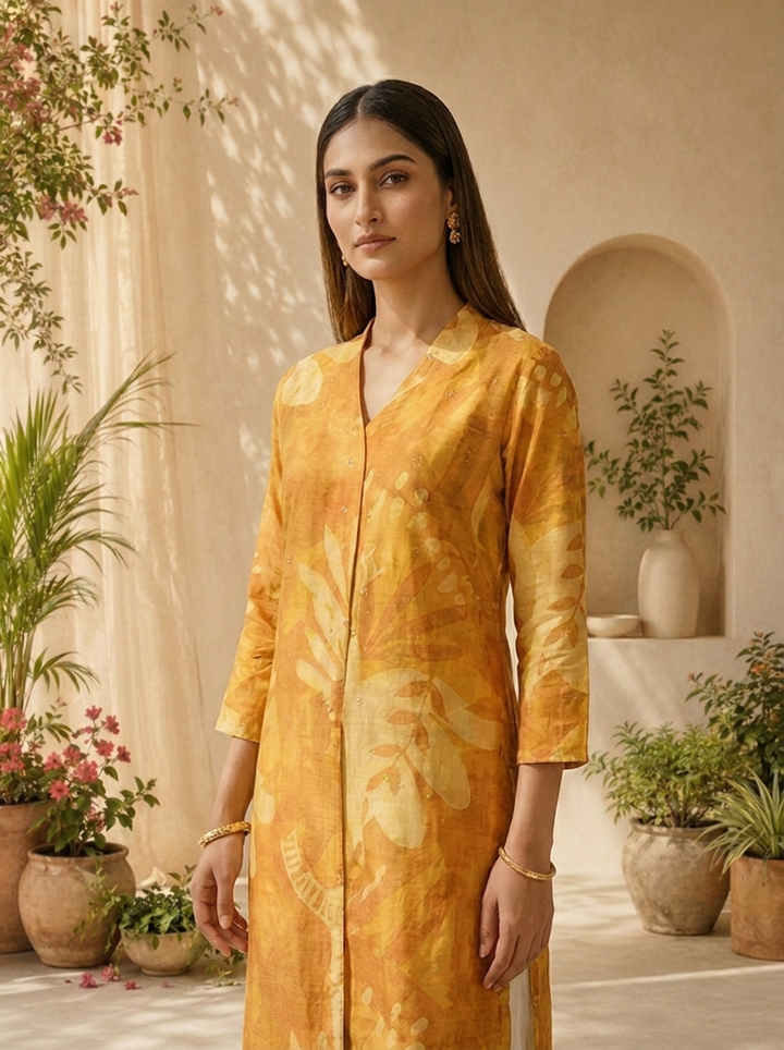 Mustard Solid Design And Printed Silk Kurta