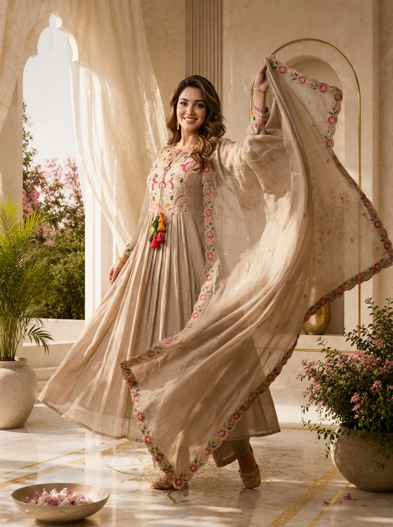 Light Grey Chanderi Hand Thread Embroidery Three Piece Set