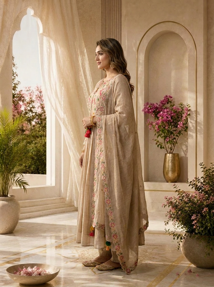 Light Grey Chanderi Hand Thread Embroidery Three Piece Set