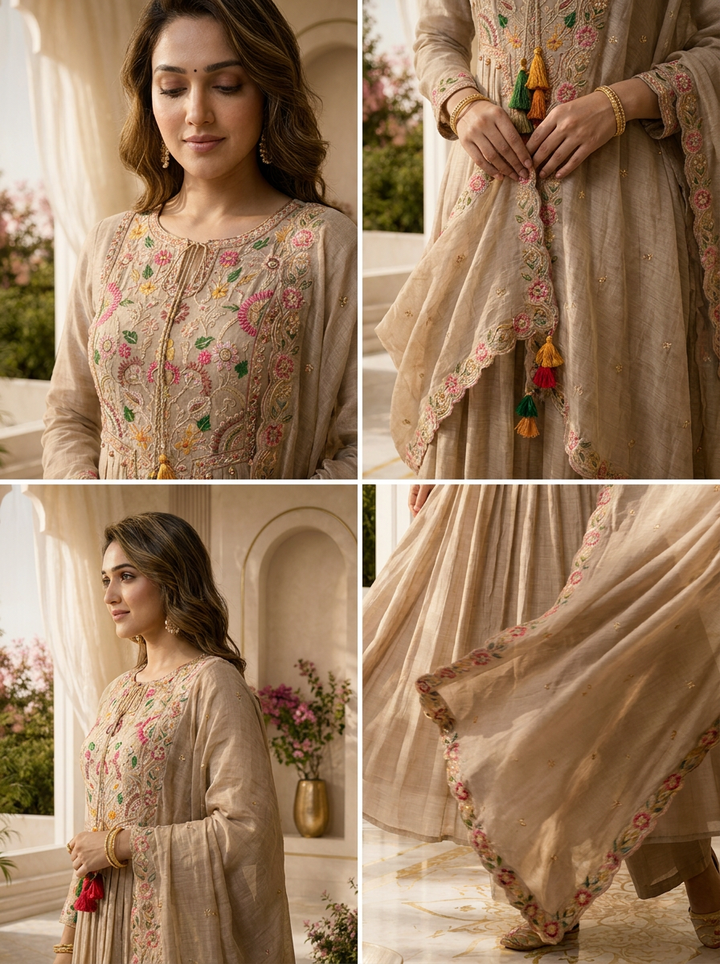 Light Grey Chanderi Hand Thread Embroidery Three Piece Set
