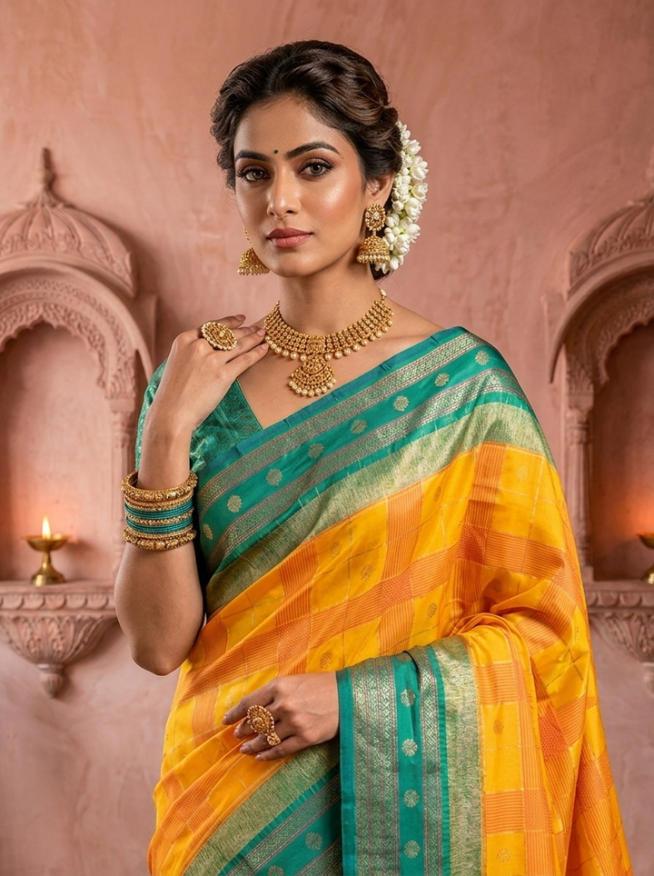 Yellow Banaras Silk Zari Check Design Saree