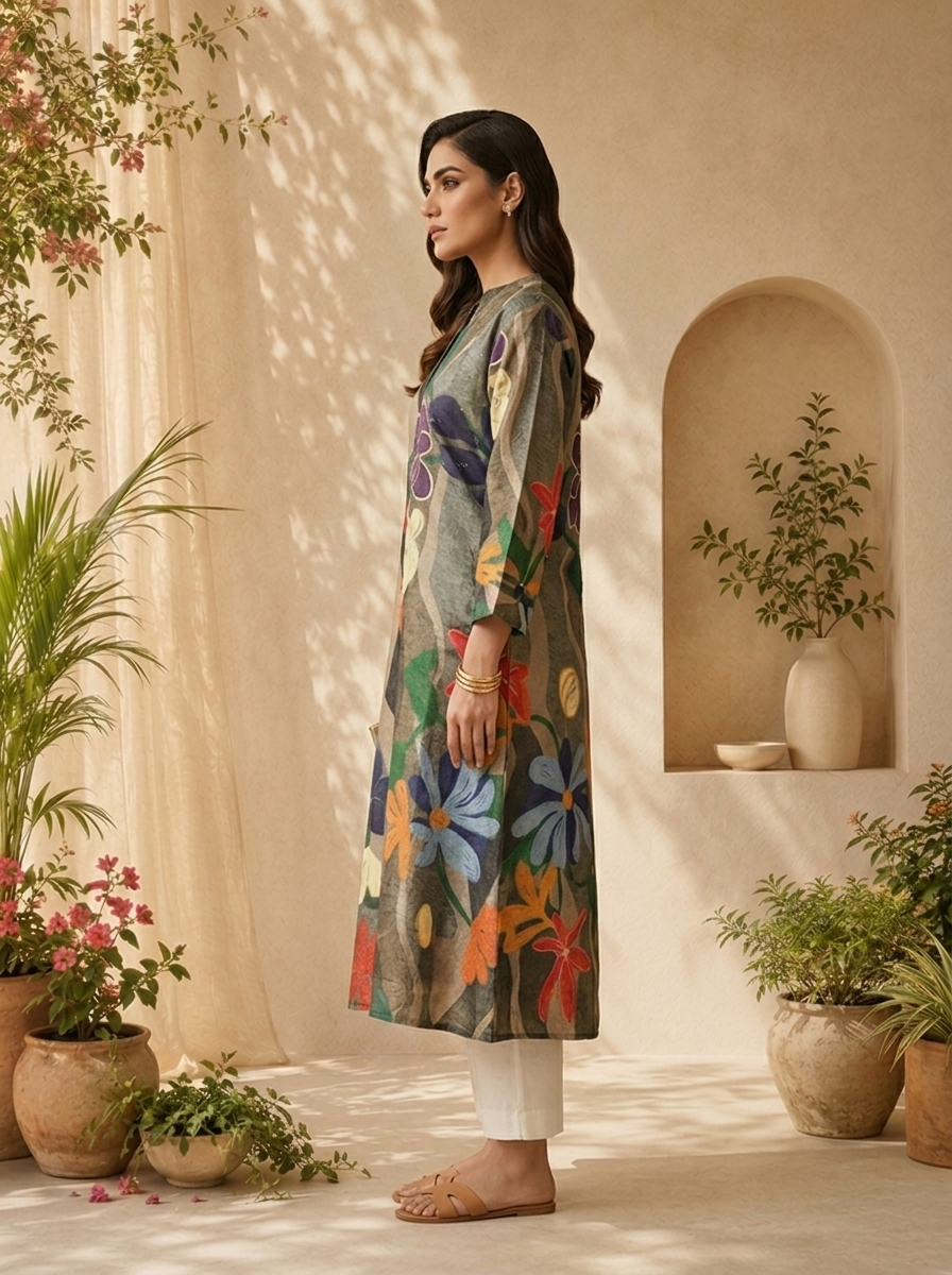 Grey Abstract Floral Print A-Line Silk Kurta
