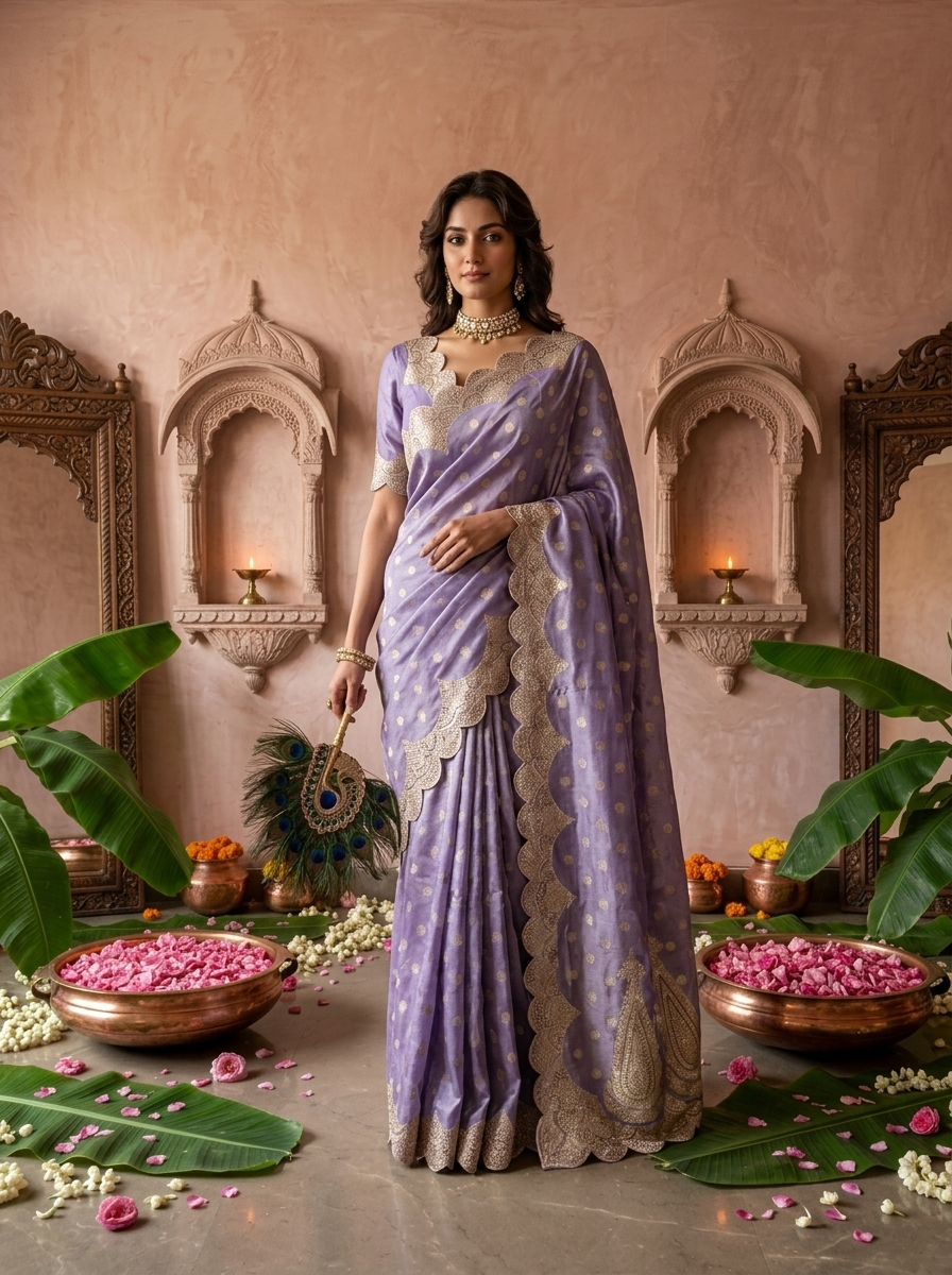 Lavender Silk Paisley Design Weaved Saree