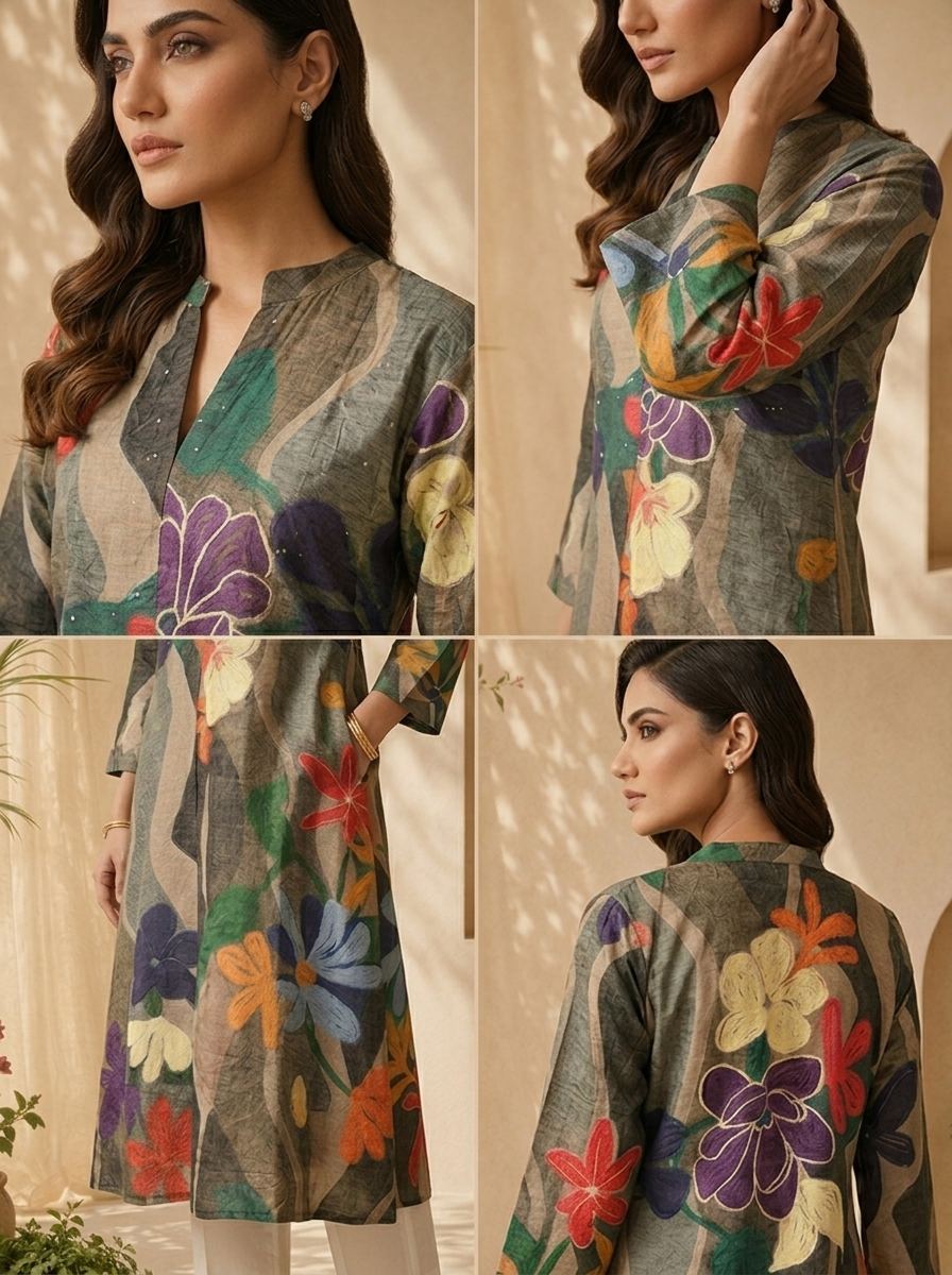 Grey Abstract Floral Print A-Line Silk Kurta