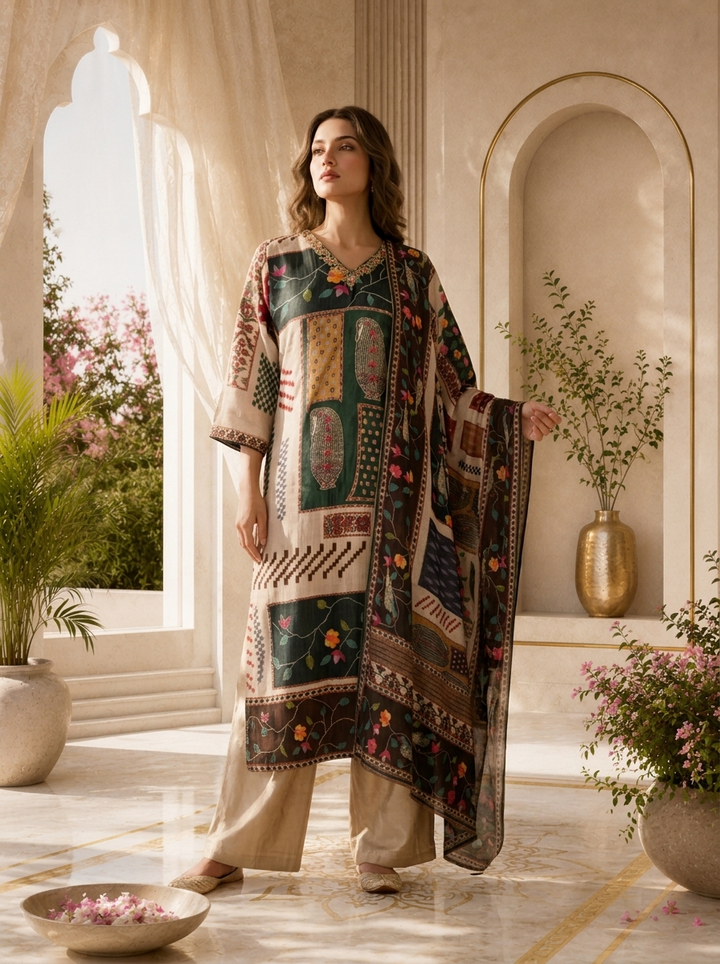 Multi Linen Floral Beads Embroidered And Printed Three Piece Set