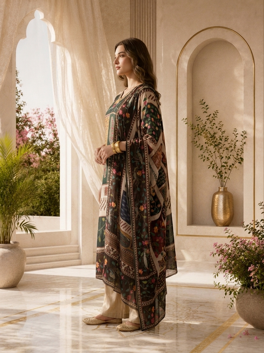 Multi Linen Floral Beads Embroidered And Printed Three Piece Set