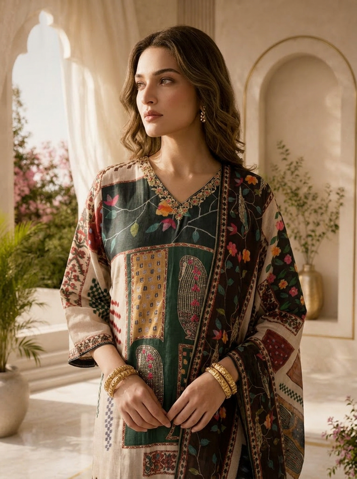 Multi Linen Floral Beads Embroidered And Printed Three Piece Set