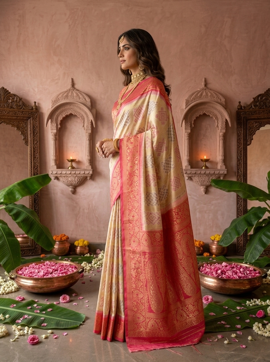 Cream Banaras Silk Geometric Ethnic Motif Printed Saree