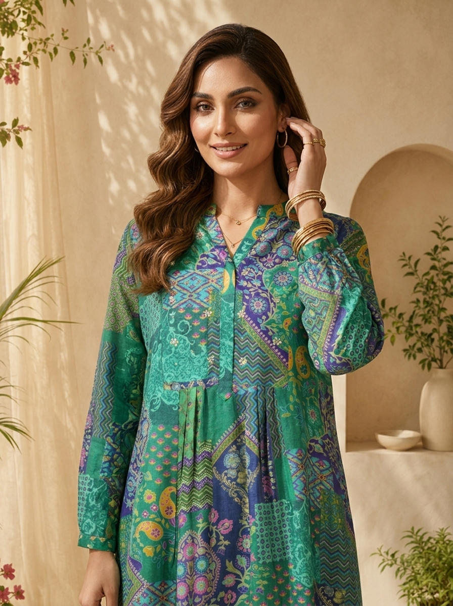 Green Paisley Design And Digital Printed Silk Kurta