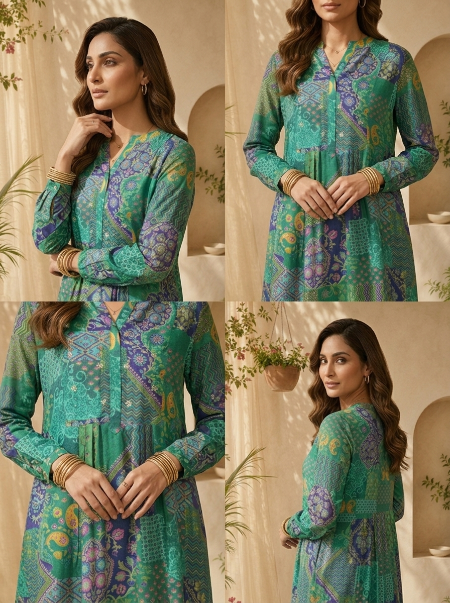 Green Paisley Design And Digital Printed Silk Kurta