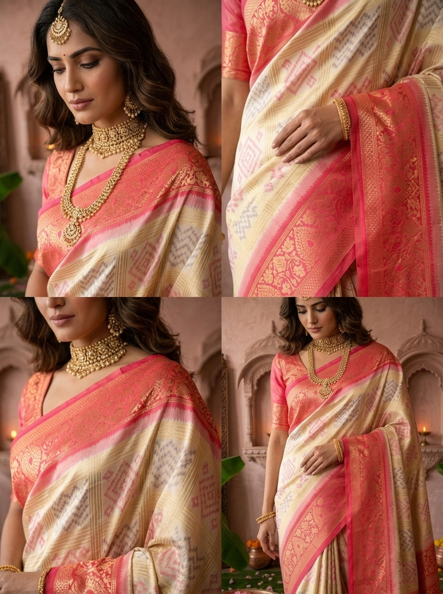 Cream Banaras Silk Geometric Ethnic Motif Printed Saree