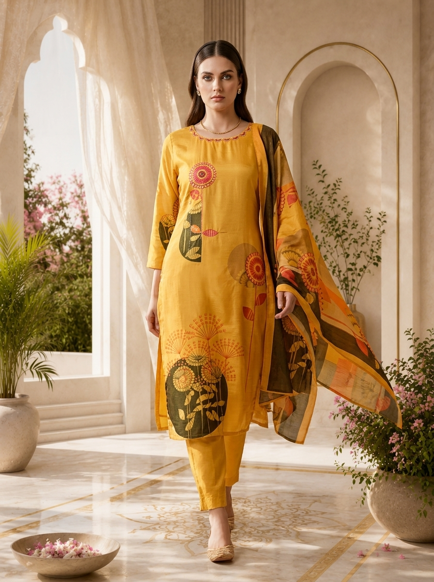 Yellow Silk Sequins Embroidery And Floral Digital Printed Three Piece Set