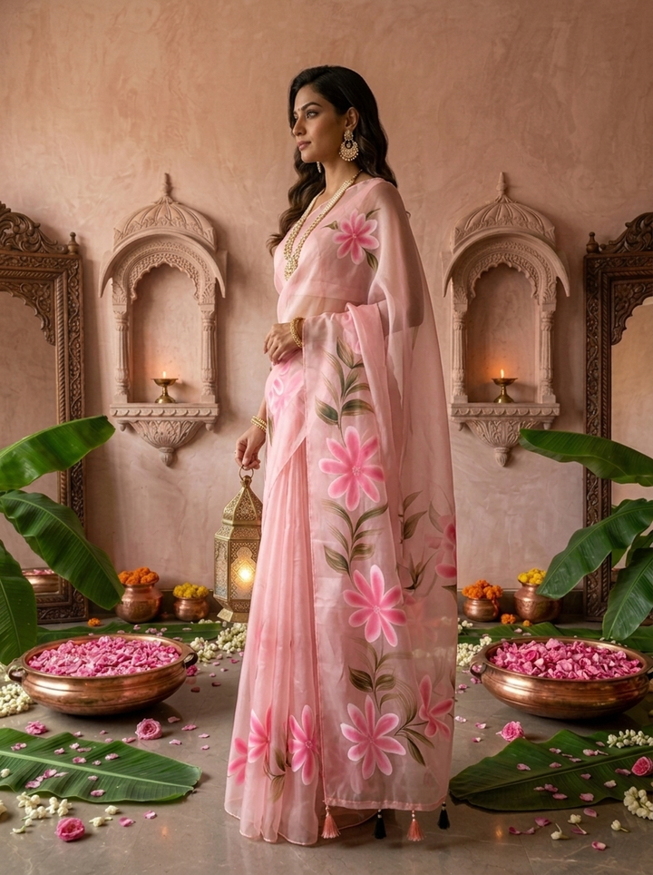 Baby Pink Silk Floral Printed Saree