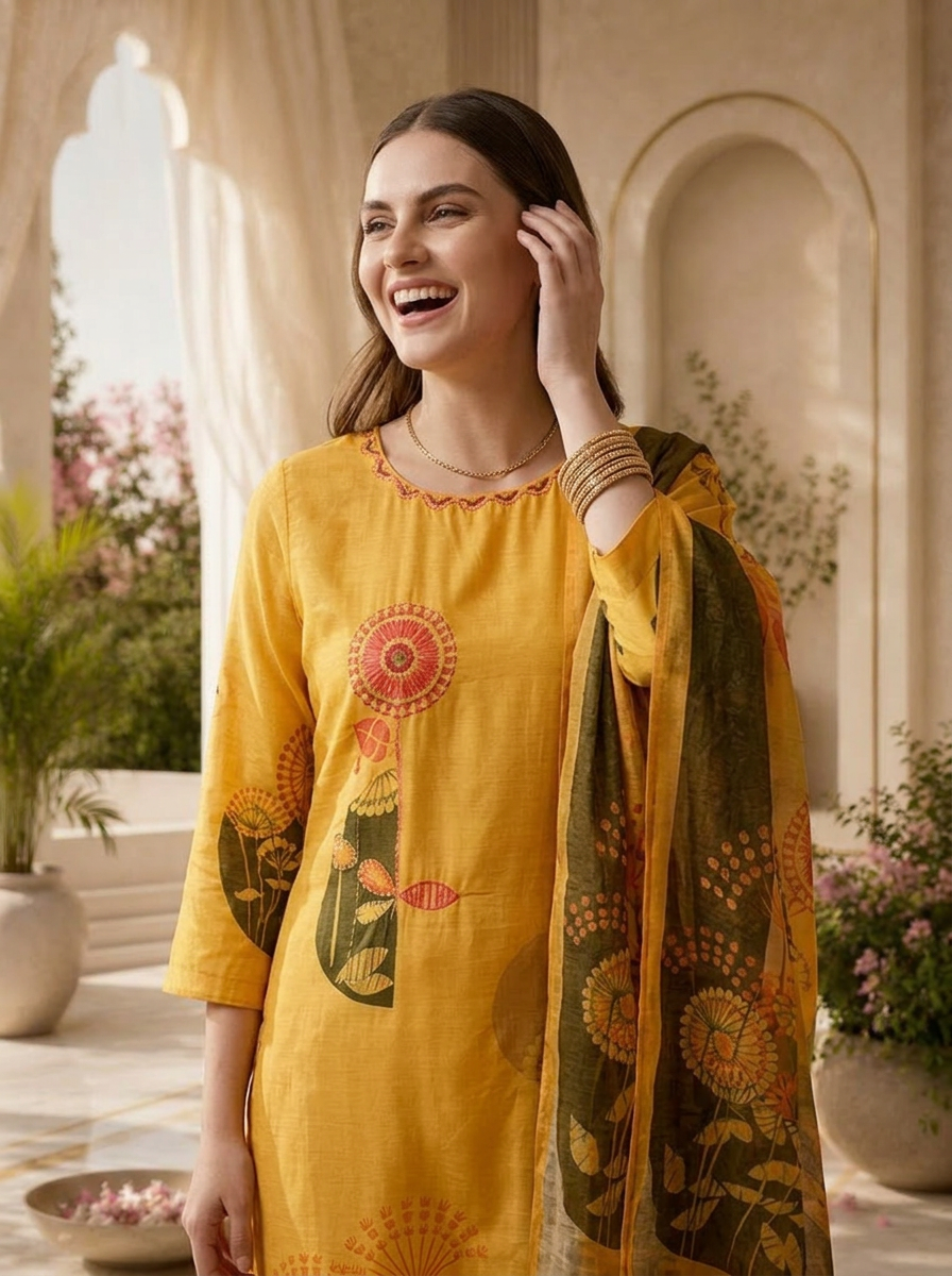 Yellow Silk Sequins Embroidery And Floral Digital Printed Three Piece Set