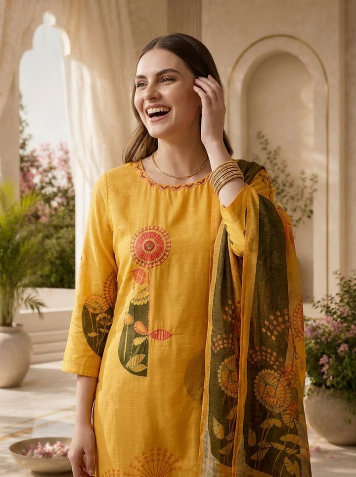 Yellow Silk Sequins Embroidery And Floral Digital Printed Three Piece Set
