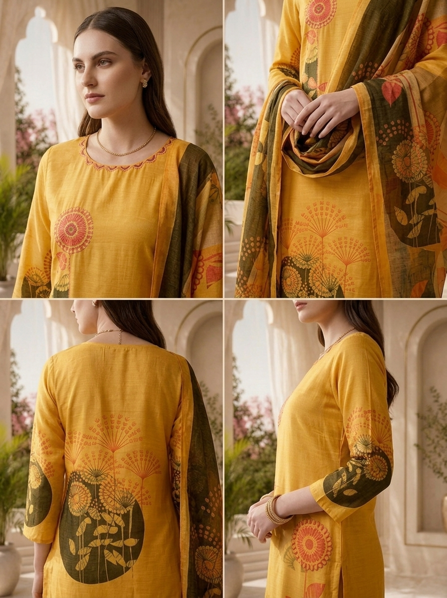 Yellow Silk Sequins Embroidery And Floral Digital Printed Three Piece Set