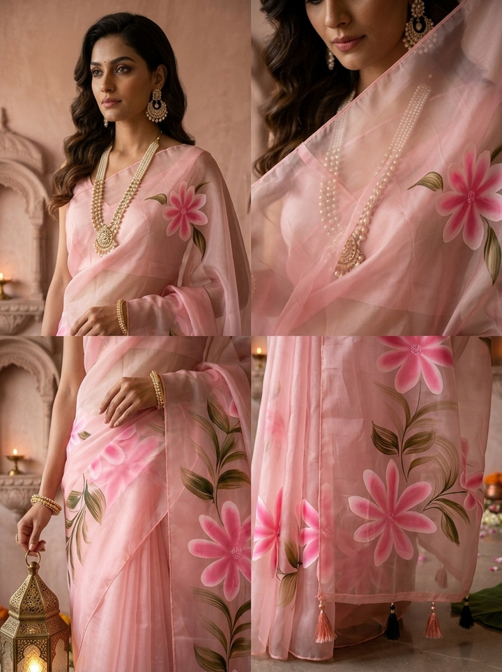 Baby Pink Silk Floral Printed Saree