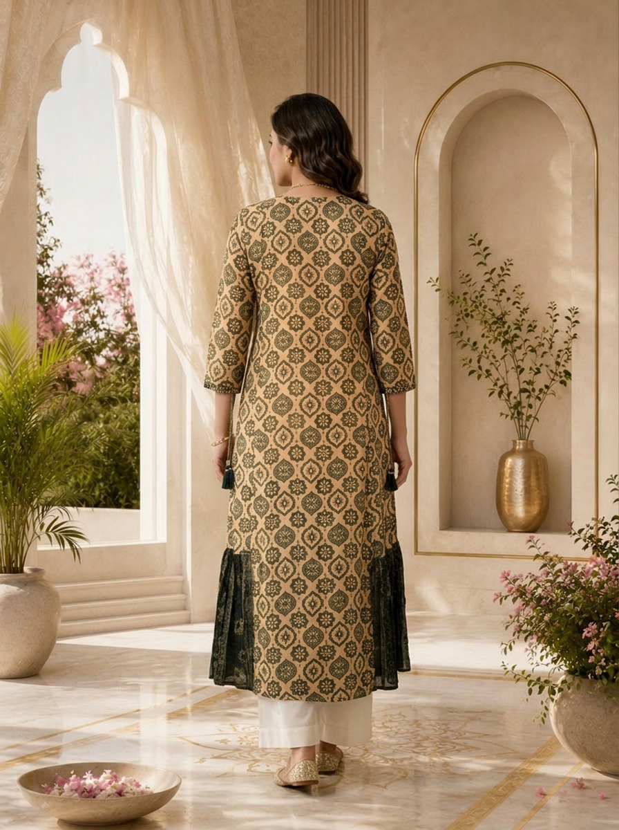 Beige & Black Chinon Traditional Motif Printed Straight Kurta
