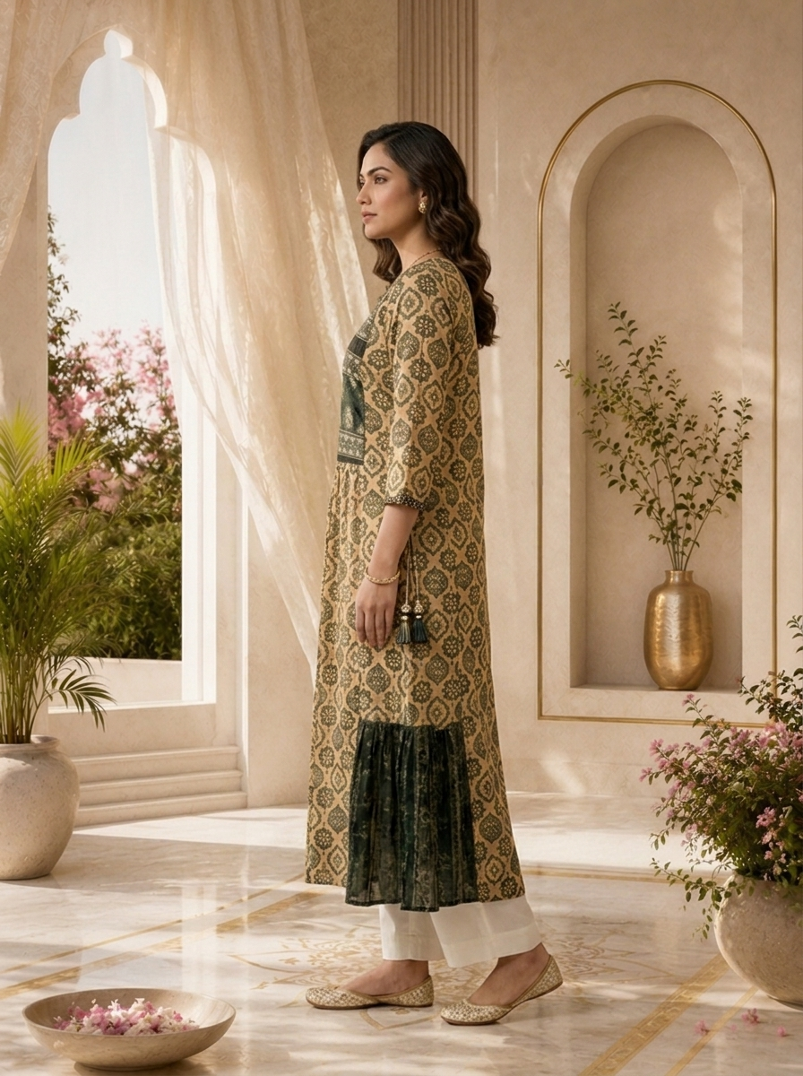Beige & Black Chinon Traditional Motif Printed Straight Kurta