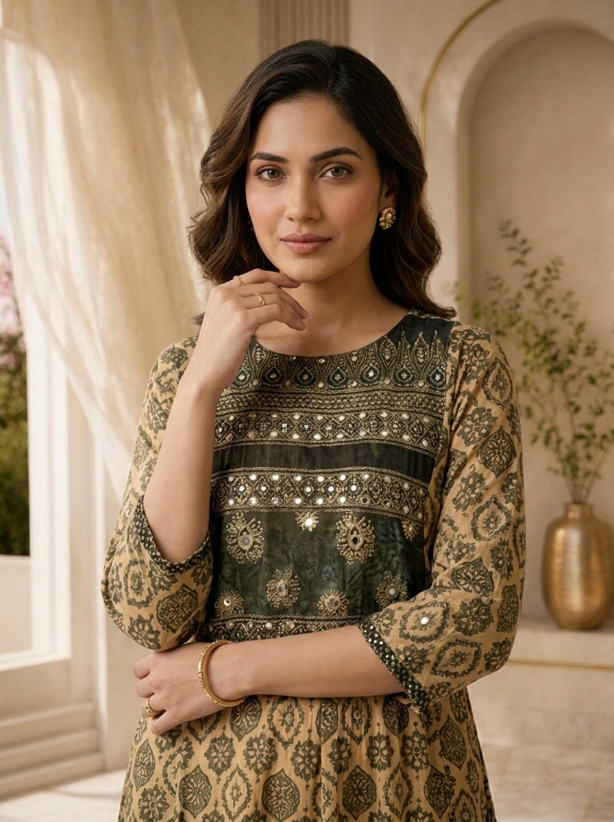 Beige & Black Chinon Traditional Motif Printed Straight Kurta