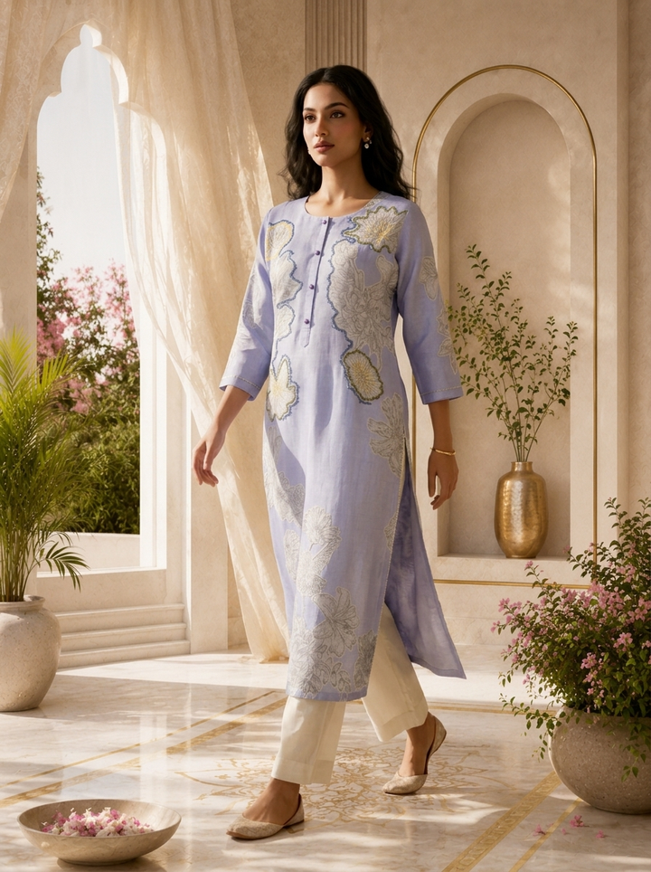Lavender Floral Design And Beads Embroidered Linen Kurta