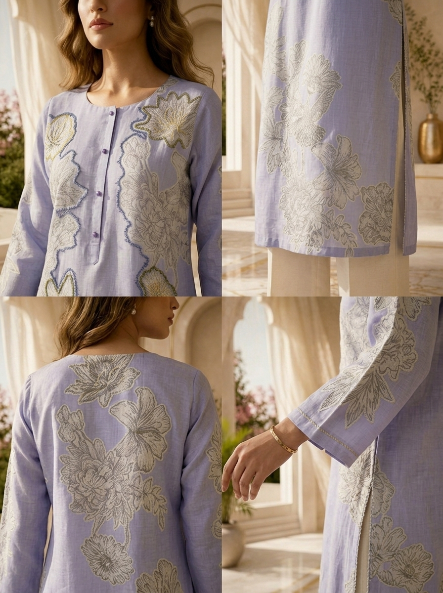 Lavender Floral Design And Beads Embroidered Linen Kurta