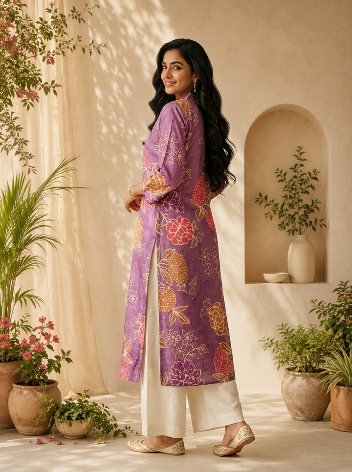 Purple Silk Heavy Floral Digital Printed Kurta