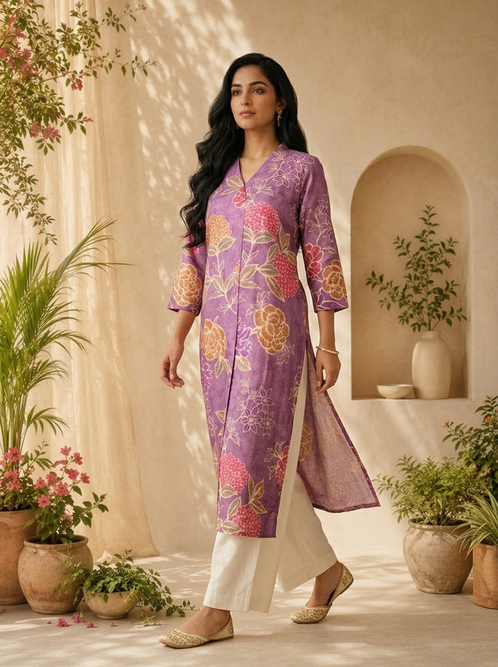 Purple Silk Heavy Floral Digital Printed Kurta